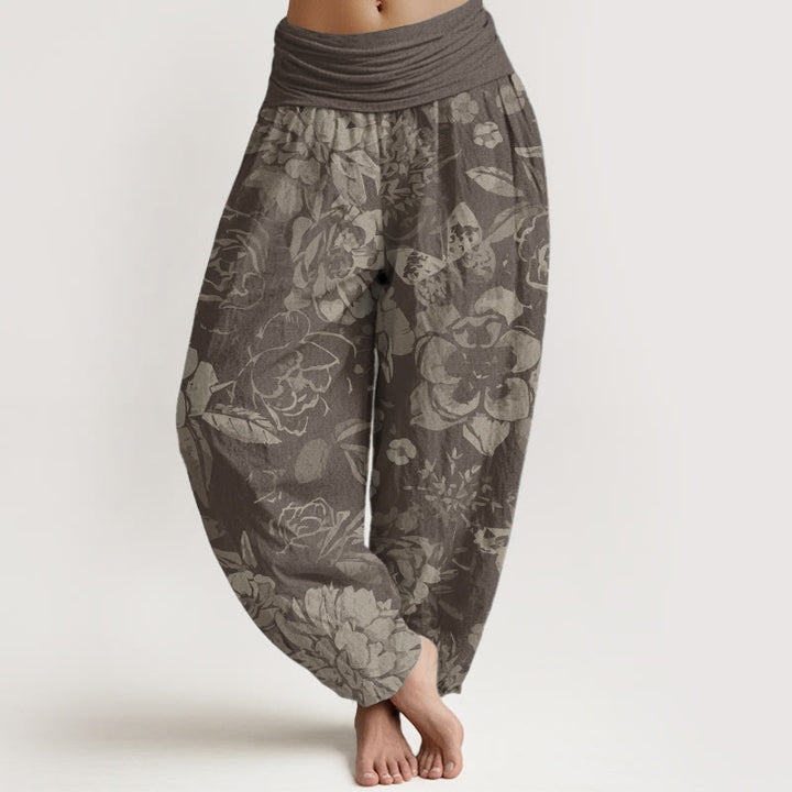 Pantaloni harem da donna in cotone puro con elastico in vita, motivo : Buddha Stones, fiori di peonia e foglie