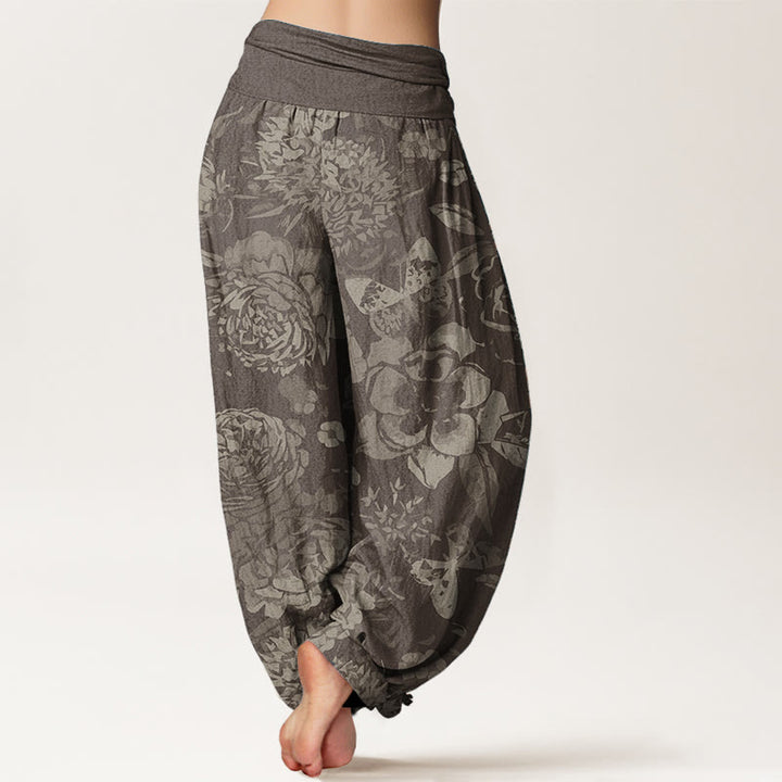 Pantaloni harem da donna in cotone puro con elastico in vita, motivo : Buddha Stones, fiori di peonia e foglie