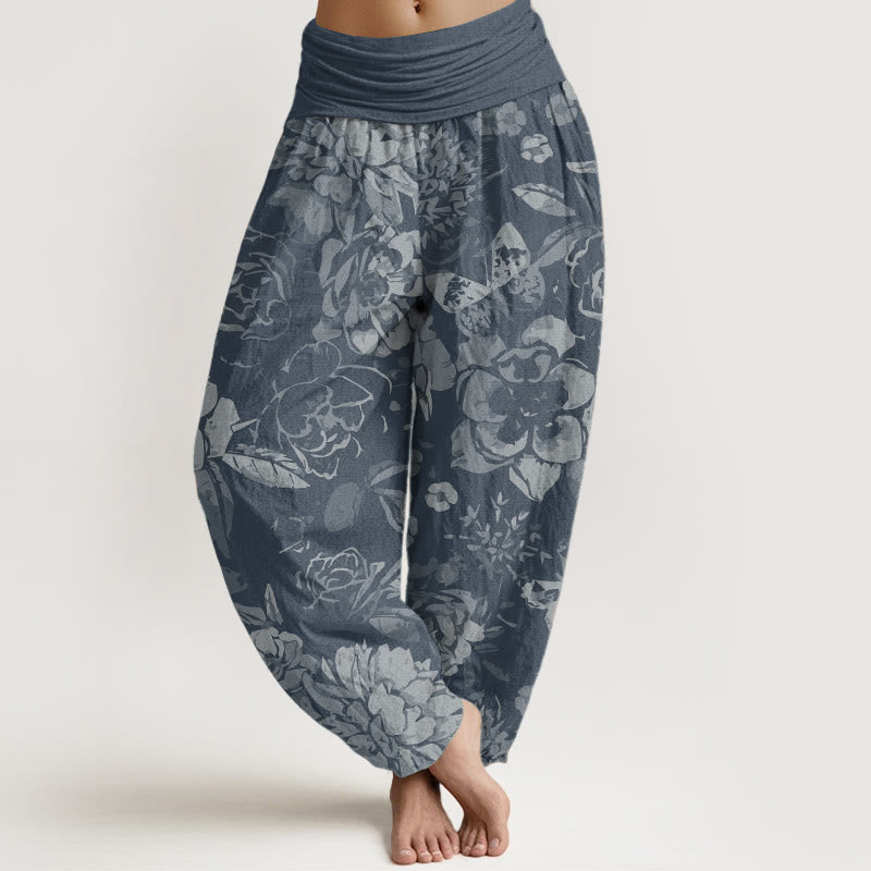 Pantaloni harem da donna in cotone puro con elastico in vita, motivo : Buddha Stones, fiori di peonia e foglie