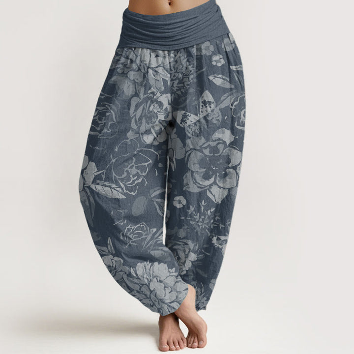 Pantaloni harem da donna in cotone puro con elastico in vita, motivo : Buddha Stones, fiori di peonia e foglie