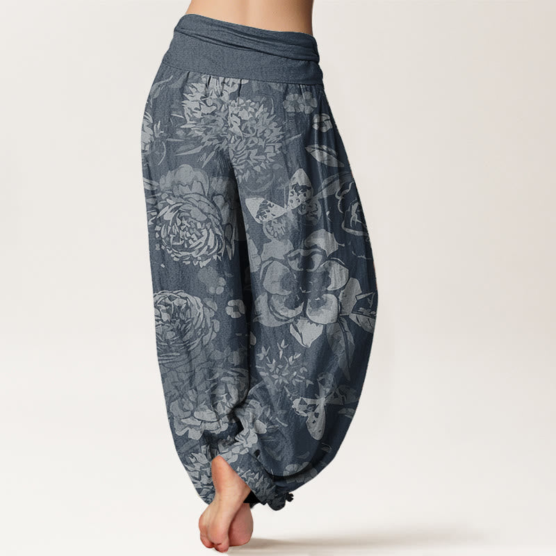 Pantaloni harem da donna in cotone puro con elastico in vita, motivo : Buddha Stones, fiori di peonia e foglie