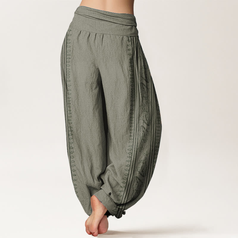 Pantaloni harem da donna con elastico in vita, in puro cotone, con motivo Buddha Stones, ruota del Dharma e motivo OM.