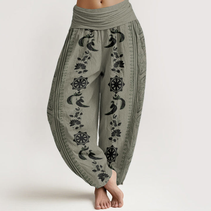 Pantaloni harem da donna con elastico in vita, in puro cotone, con motivo Buddha Stones, ruota del Dharma e motivo OM. - DarkSeaGreen - US22, UK/AU26, EU54 (6XL) - image 5