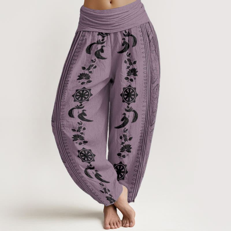 Pantaloni harem da donna con elastico in vita, in puro cotone, con motivo Buddha Stones, ruota del Dharma e motivo OM. - Viola - US22, UK/AU26, EU54 (6XL) - image 8