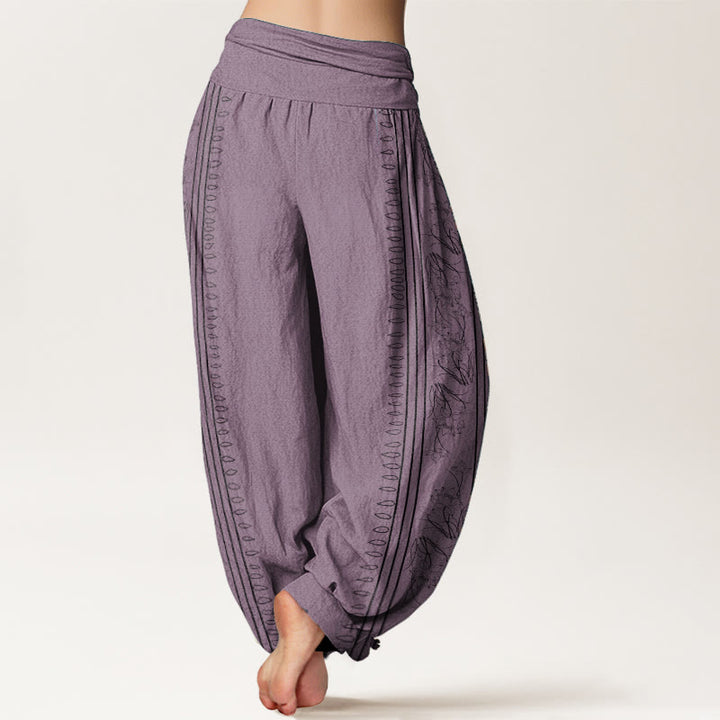 Pantaloni harem da donna con elastico in vita, in puro cotone, con motivo Buddha Stones, ruota del Dharma e motivo OM. - image 10