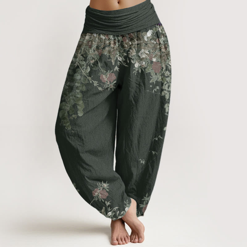 Pantaloni harem da donna con elastico in vita, in puro cotone, casual, con motivo a vite e peonia rossa, motivo Buddha Stones