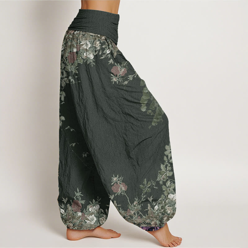 Pantaloni harem da donna con elastico in vita, in puro cotone, casual, con motivo a vite e peonia rossa, motivo Buddha Stones