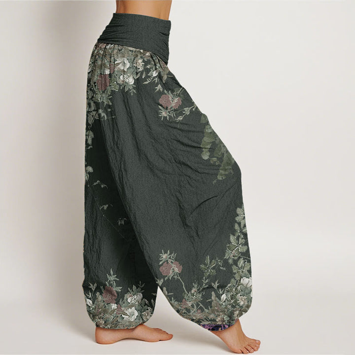 Pantaloni harem da donna con elastico in vita, in puro cotone, casual, con motivo a vite e peonia rossa, motivo Buddha Stones