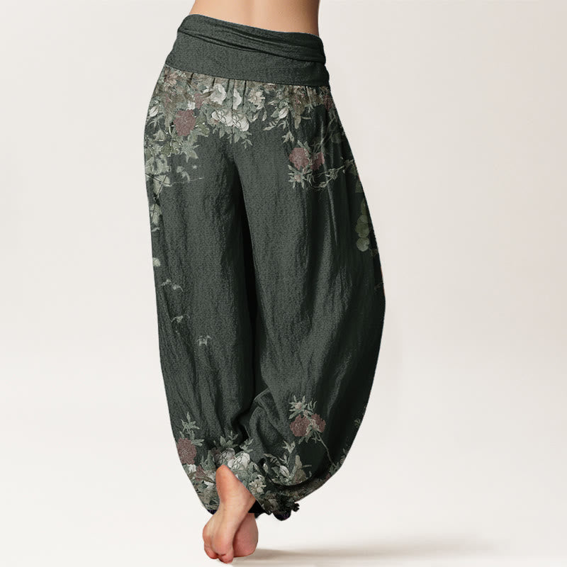 Pantaloni harem da donna con elastico in vita, in puro cotone, casual, con motivo a vite e peonia rossa, motivo Buddha Stones