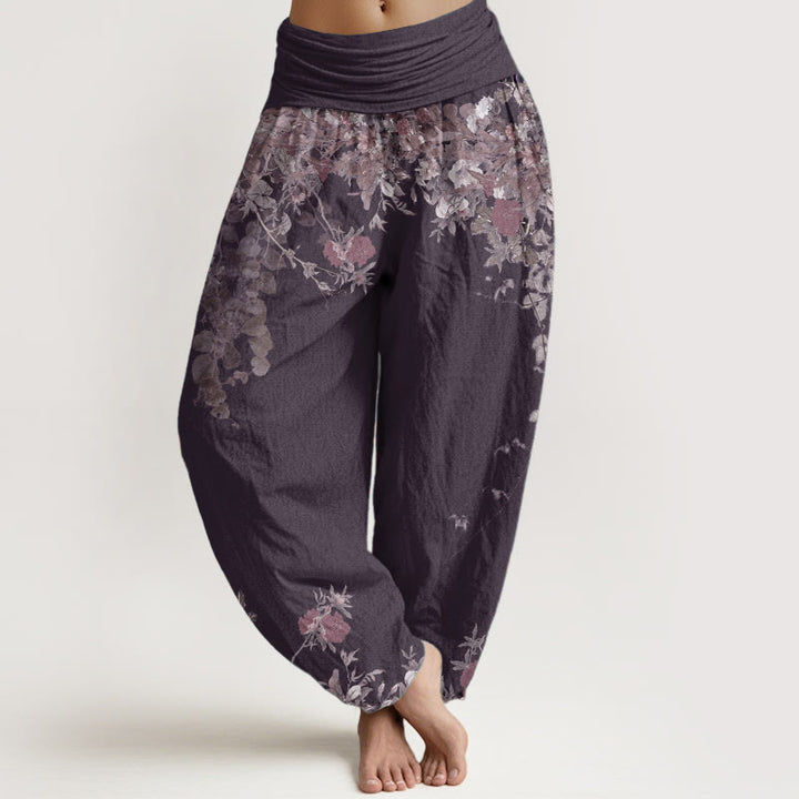 Pantaloni harem da donna con elastico in vita, in puro cotone, casual, con motivo a vite e peonia rossa, motivo Buddha Stones