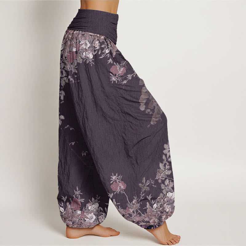 Pantaloni harem da donna con elastico in vita, in puro cotone, casual, con motivo a vite e peonia rossa, motivo Buddha Stones