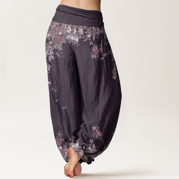 Pantaloni harem da donna con elastico in vita, in puro cotone, casual, con motivo a vite e peonia rossa, motivo Buddha Stones