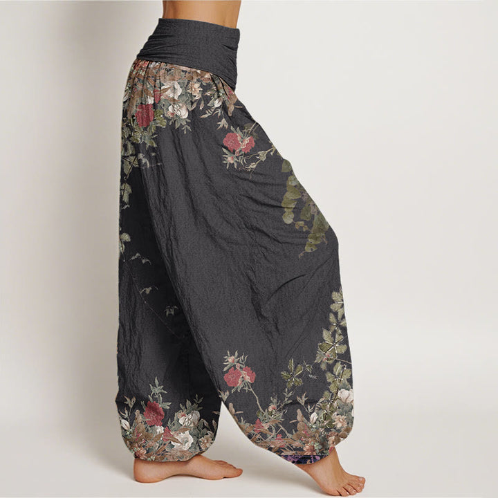 Pantaloni harem da donna con elastico in vita, in puro cotone, casual, con motivo a vite e peonia rossa, motivo Buddha Stones