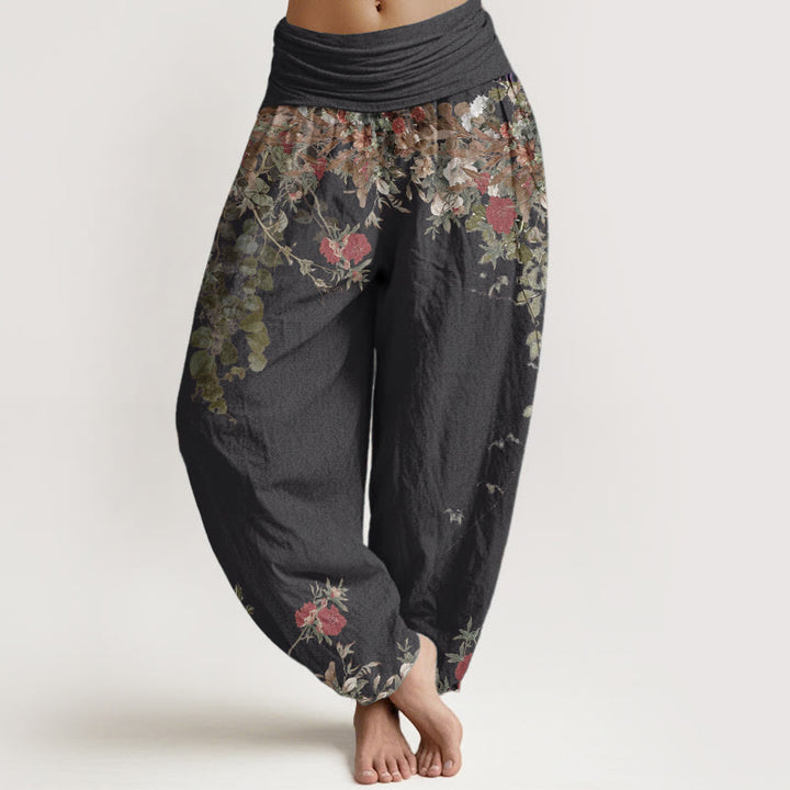 Pantaloni harem da donna con elastico in vita, in puro cotone, casual, con motivo a vite e peonia rossa, motivo Buddha Stones