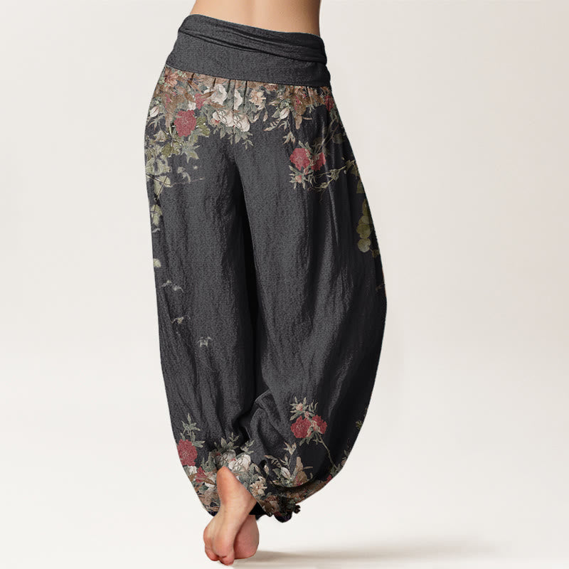 Pantaloni harem da donna con elastico in vita, in puro cotone, casual, con motivo a vite e peonia rossa, motivo Buddha Stones