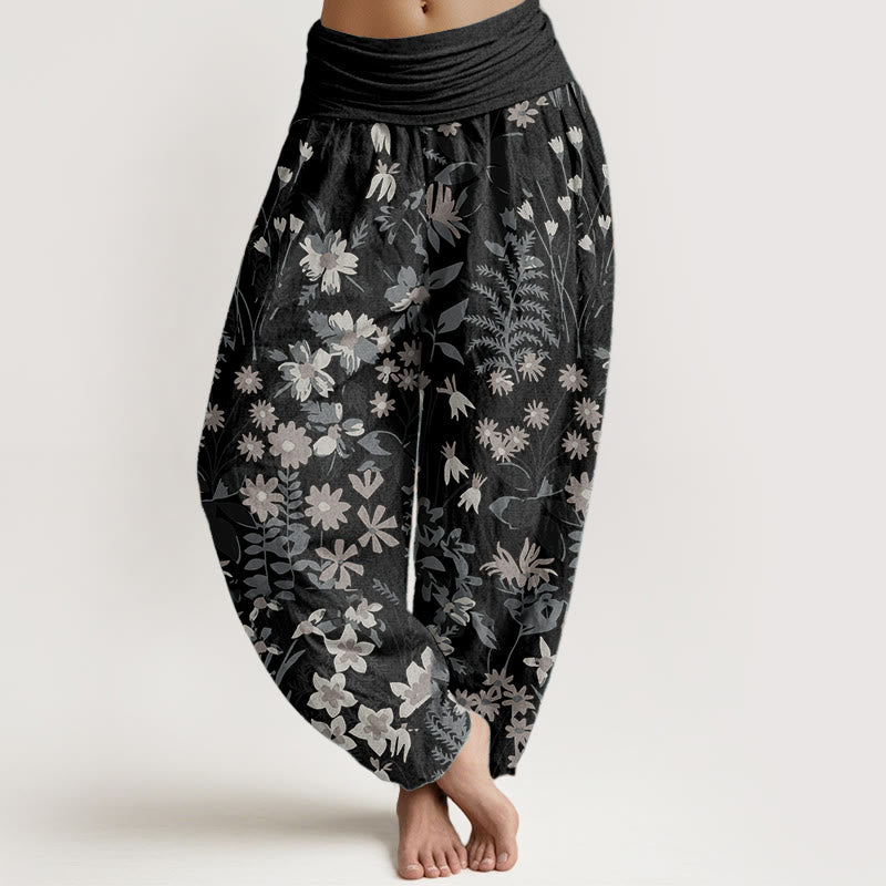 Pantaloni harem da donna con elastico in vita, in puro cotone, casual, con motivo a margherite e foglie, motivo Buddha Stones