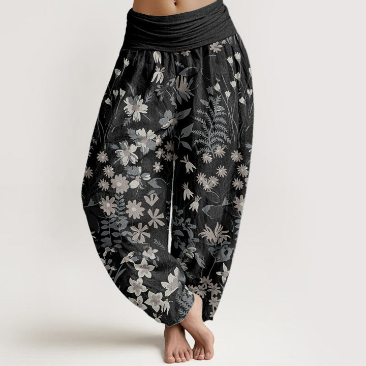 Pantaloni harem da donna con elastico in vita, in puro cotone, casual, con motivo a margherite e foglie, motivo Buddha Stones