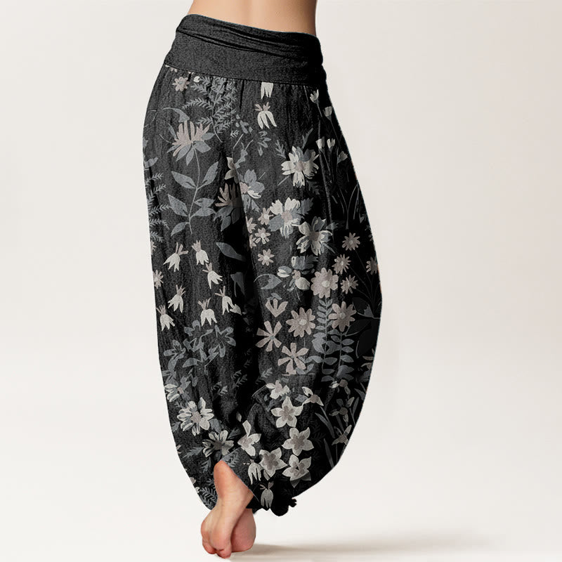 Pantaloni harem da donna con elastico in vita, in puro cotone, casual, con motivo a margherite e foglie, motivo Buddha Stones