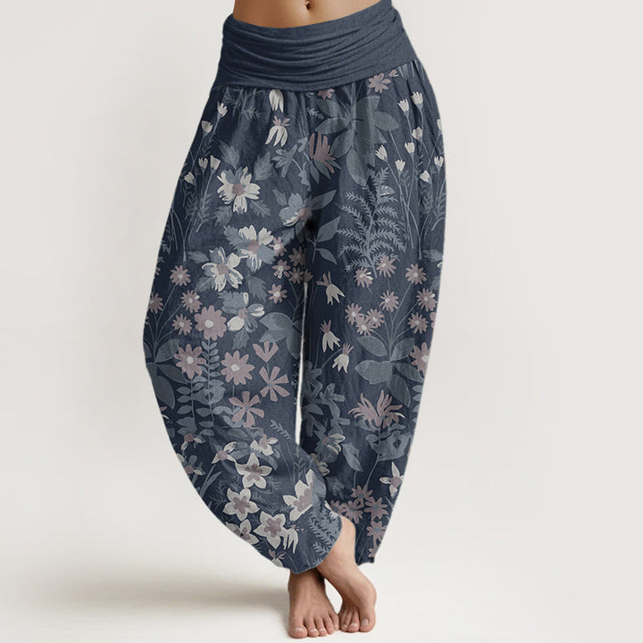 Pantaloni harem da donna con elastico in vita, in puro cotone, casual, con motivo a margherite e foglie, motivo Buddha Stones