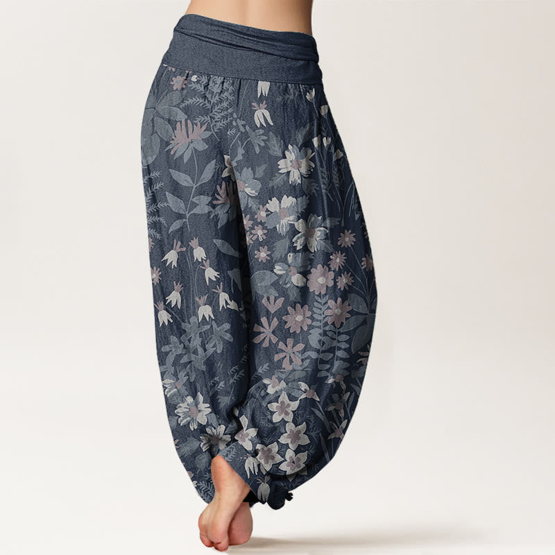 Pantaloni harem da donna con elastico in vita, in puro cotone, casual, con motivo a margherite e foglie, motivo Buddha Stones