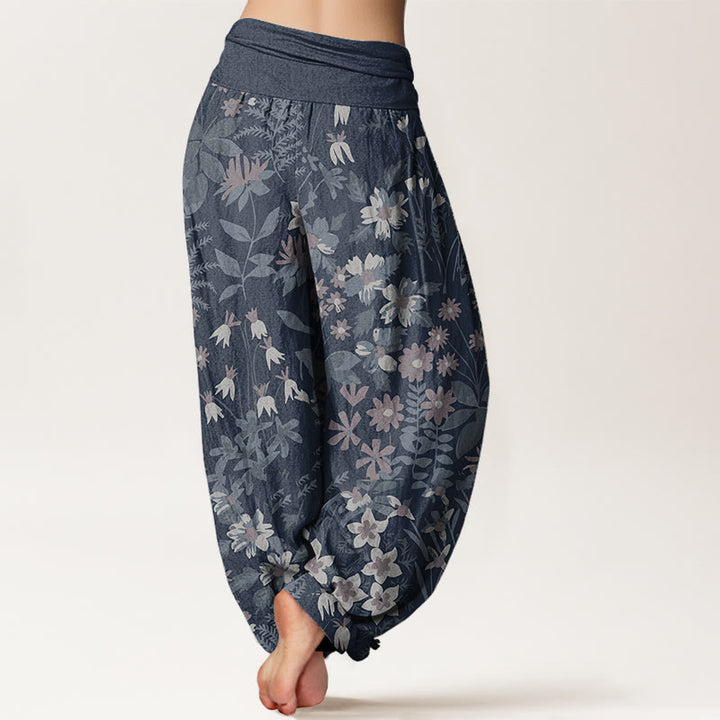 Pantaloni harem da donna con elastico in vita, in puro cotone, casual, con motivo a margherite e foglie, motivo Buddha Stones