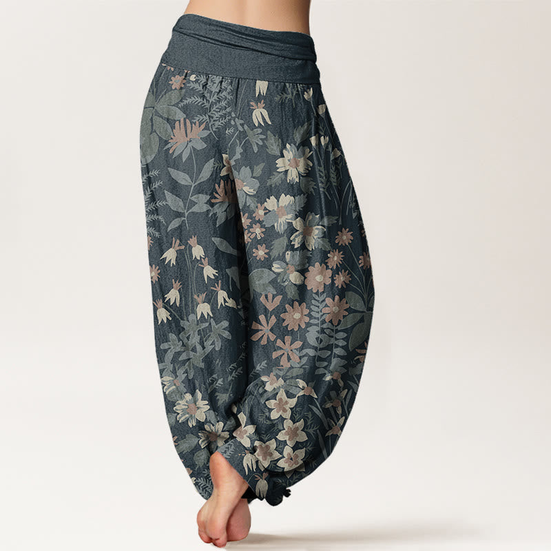 Pantaloni harem da donna con elastico in vita, in puro cotone, casual, con motivo a margherite e foglie, motivo Buddha Stones