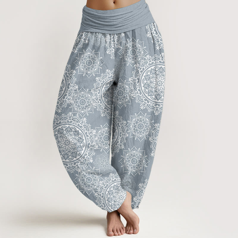 Pantaloni harem da donna con elastico in vita, in puro cotone, casual, con motivo mandala bianco e fiori , Buddha Stones