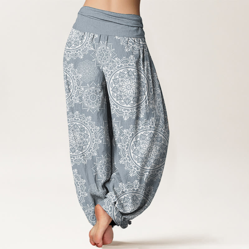 Pantaloni harem da donna con elastico in vita, in puro cotone, casual, con motivo mandala bianco e fiori , Buddha Stones
