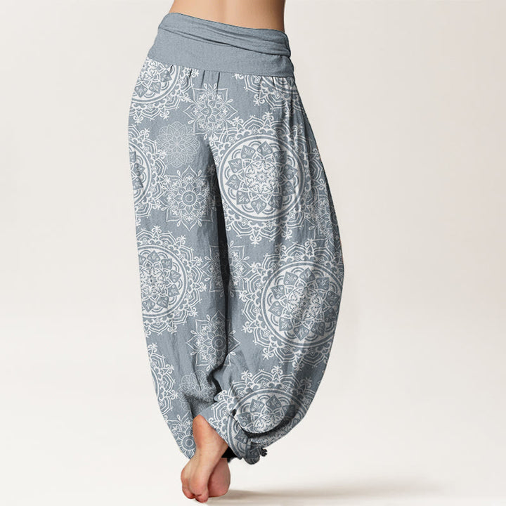 Pantaloni harem da donna con elastico in vita, in puro cotone, casual, con motivo mandala bianco e fiori , Buddha Stones