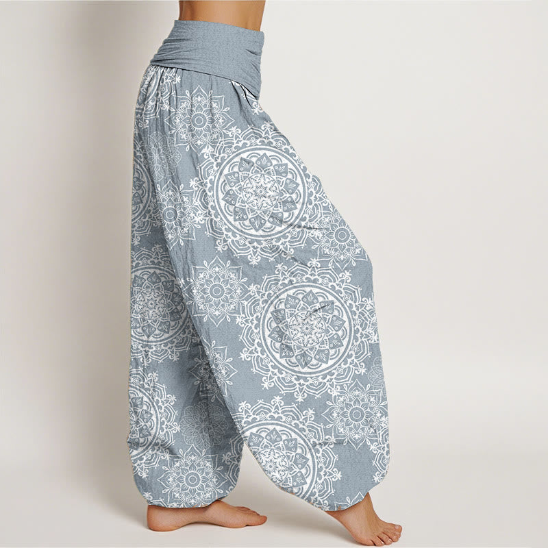 Pantaloni harem da donna con elastico in vita, in puro cotone, casual, con motivo mandala bianco e fiori , Buddha Stones