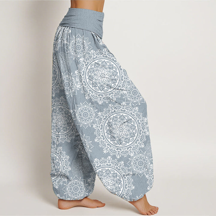 Pantaloni harem da donna con elastico in vita, in puro cotone, casual, con motivo mandala bianco e fiori , Buddha Stones
