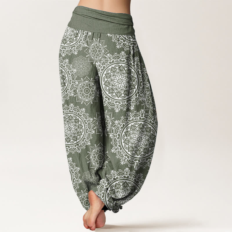 Pantaloni harem da donna con elastico in vita, in puro cotone, casual, con motivo mandala bianco e fiori , Buddha Stones