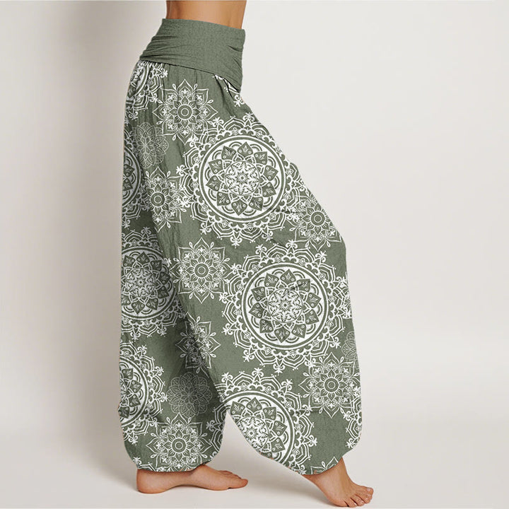 Pantaloni harem da donna con elastico in vita, in puro cotone, casual, con motivo mandala bianco e fiori , Buddha Stones