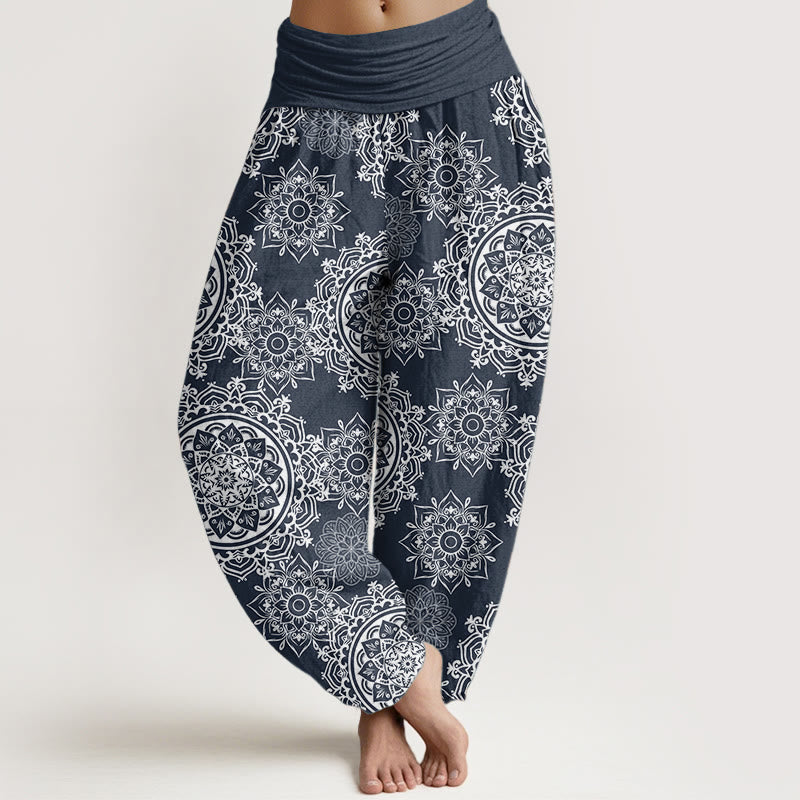 Pantaloni harem da donna con elastico in vita, in puro cotone, casual, con motivo mandala bianco e fiori , Buddha Stones