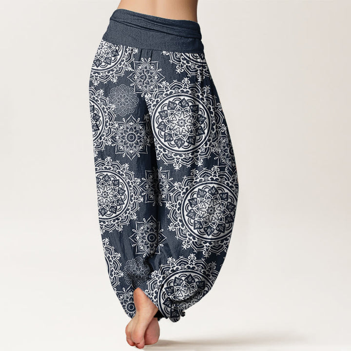Pantaloni harem da donna con elastico in vita, in puro cotone, casual, con motivo mandala bianco e fiori , Buddha Stones