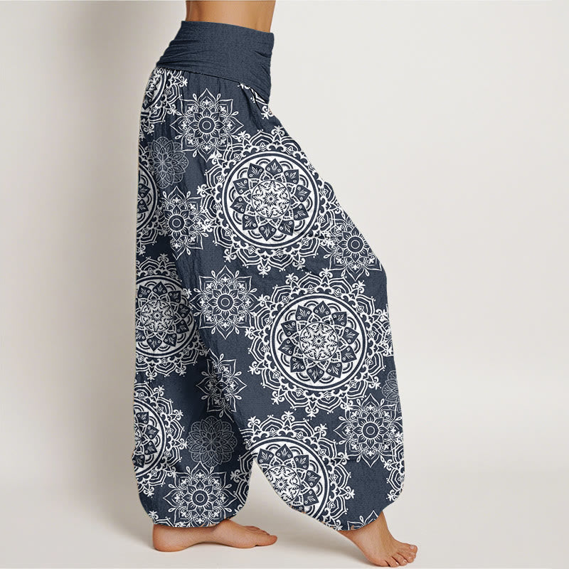 Pantaloni harem da donna con elastico in vita, in puro cotone, casual, con motivo mandala bianco e fiori , Buddha Stones