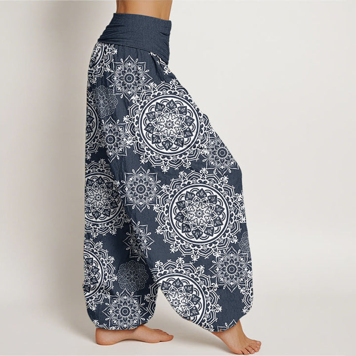 Pantaloni harem da donna con elastico in vita, in puro cotone, casual, con motivo mandala bianco e fiori , Buddha Stones