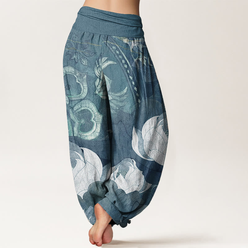 Pantaloni harem casual da donna con elastico in vita, in puro cotone, con motivo a foglie di loto bianco, motivo Buddha Stones