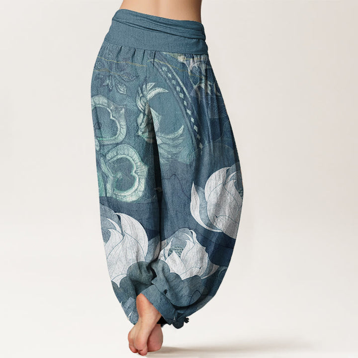 Pantaloni harem casual da donna con elastico in vita, in puro cotone, con motivo a foglie di loto bianco, motivo Buddha Stones