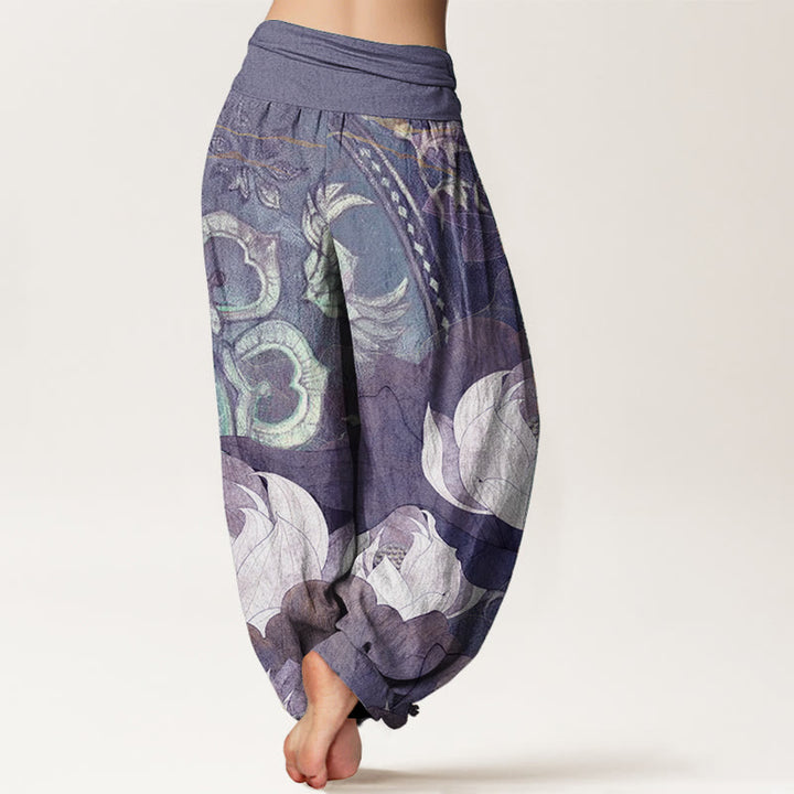 Pantaloni harem casual da donna con elastico in vita, in puro cotone, con motivo a foglie di loto bianco, motivo Buddha Stones