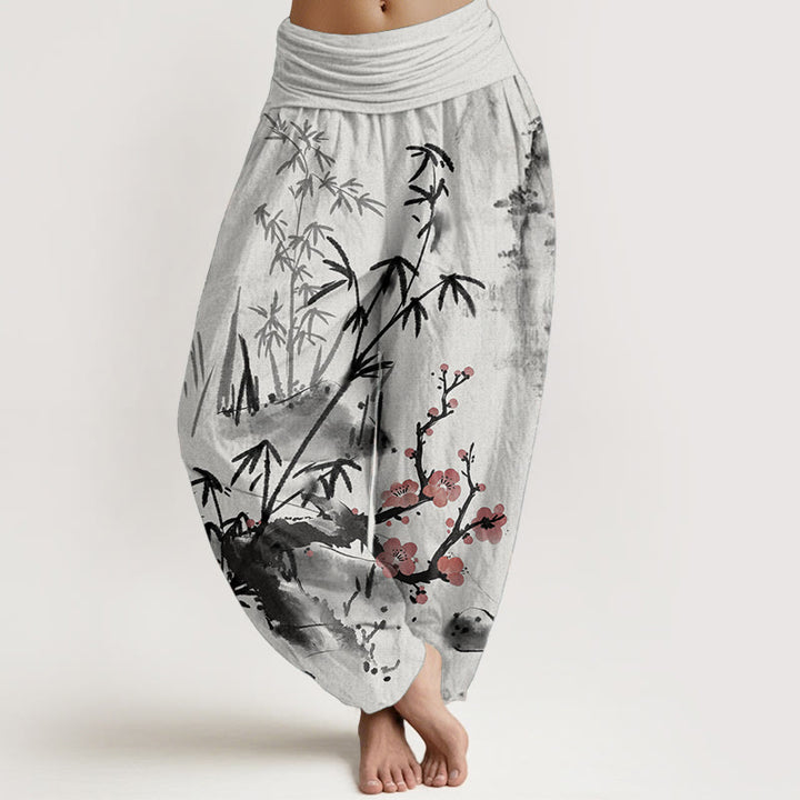 Pantaloni harem da donna con elastico in vita, motivo Buddha Stones , fiori di prugno, bambù, orchidee e crisantemi, in puro cotone