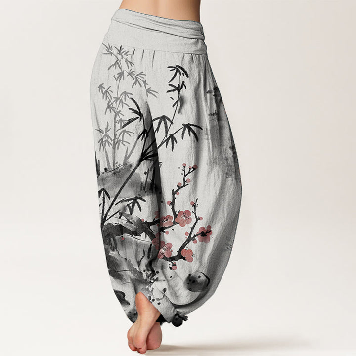 Pantaloni harem da donna con elastico in vita, motivo Buddha Stones , fiori di prugno, bambù, orchidee e crisantemi, in puro cotone