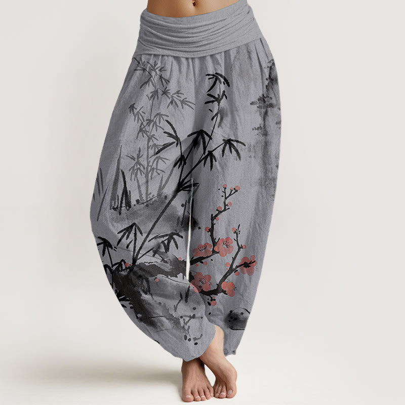 Pantaloni harem da donna con elastico in vita, motivo Buddha Stones , fiori di prugno, bambù, orchidee e crisantemi, in puro cotone