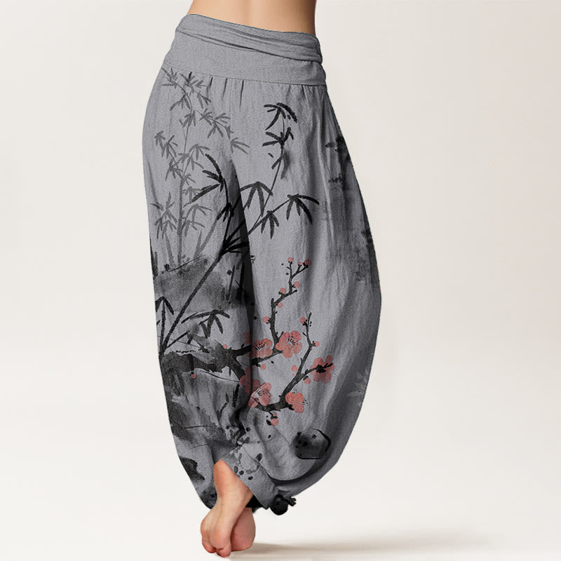 Pantaloni harem da donna con elastico in vita, motivo Buddha Stones , fiori di prugno, bambù, orchidee e crisantemi, in puro cotone