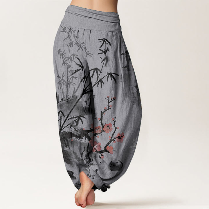 Pantaloni harem da donna con elastico in vita, motivo Buddha Stones , fiori di prugno, bambù, orchidee e crisantemi, in puro cotone