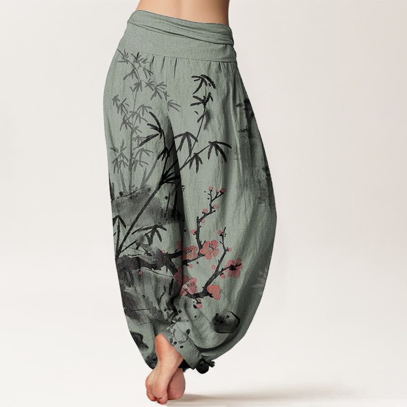 Pantaloni harem da donna con elastico in vita, motivo Buddha Stones , fiori di prugno, bambù, orchidee e crisantemi, in puro cotone