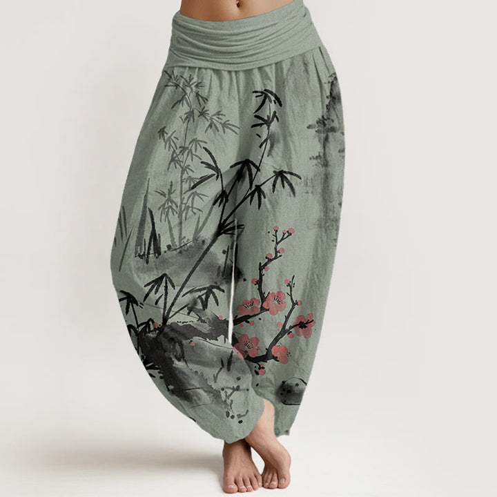 Pantaloni harem da donna con elastico in vita, motivo Buddha Stones , fiori di prugno, bambù, orchidee e crisantemi, in puro cotone