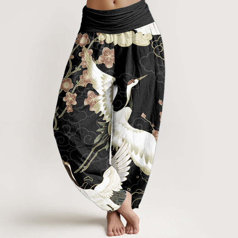 Pantaloni harem da donna in cotone con elastico in vita, motivo Buddha Stones, Gru, Fiori e Nuvole di Buon Auspicio - Nero - US22, UK/AU26, EU54 (6XL) - image 0