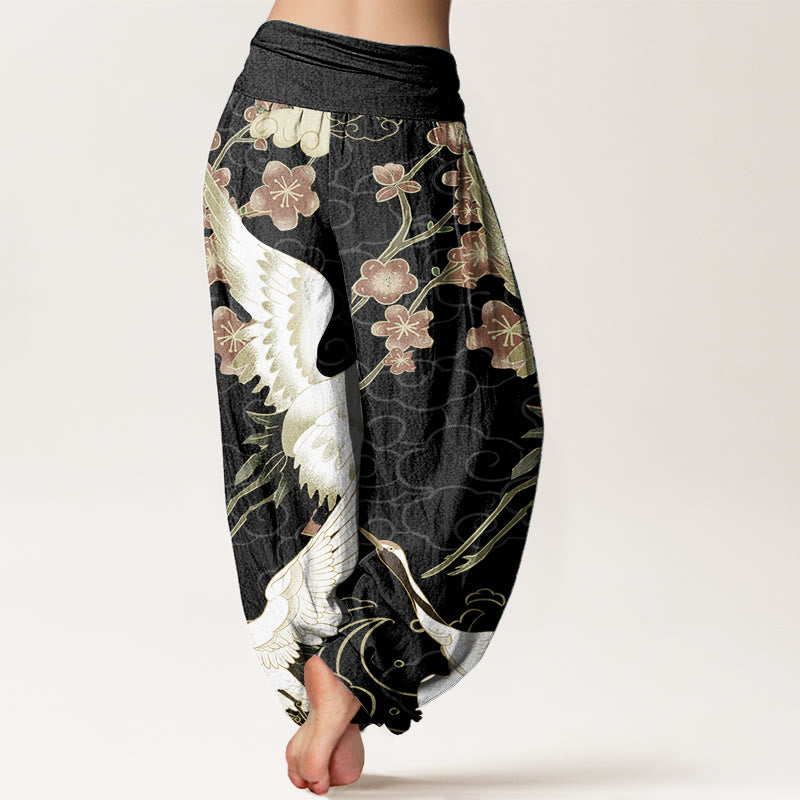 Pantaloni harem da donna in cotone con elastico in vita, motivo Buddha Stones, Gru, Fiori e Nuvole di Buon Auspicio