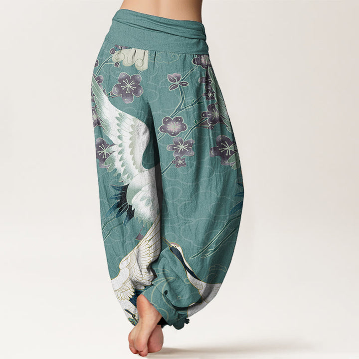 Pantaloni harem da donna in cotone con elastico in vita, motivo Buddha Stones, Gru, Fiori e Nuvole di Buon Auspicio